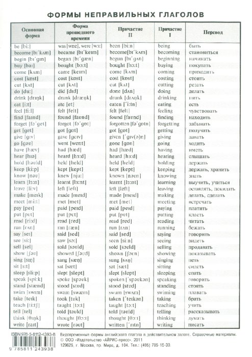 Таблица неправильных глаголов английского языка с