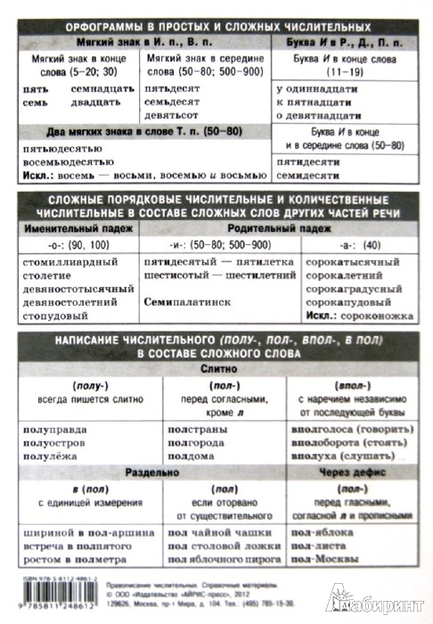 Правописание числительных в русском языке в таблице