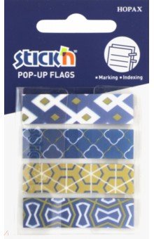 Закладки самоклеящиеся пластиковые "Pop-Up" (20 листов, 42 х 15 мм, 4 цвета, синие узоры) (26084)