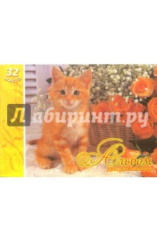 Альбом для рисования 32 листа.  Рыжий котенок с розами (А132144).