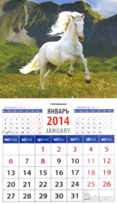 Иллюстрация 1 из 9 для Календарь на 2014 год "Год лошади. Лошадь на фоне гор". Магнитный (20434) | Лабиринт - сувениры. Источник: Лабиринт