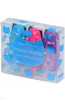 Набор текстовыделителей Meow Marker, 3 штуки, неоновый фиолетовый, розовый, голубой