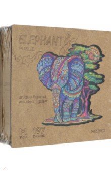 Деревянный пазл с двухслойной крышкой Слон, 197 деталей